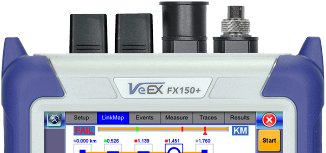 Front view of a VeEX fiber optics test set, showing the connector protector with and without the dust cap