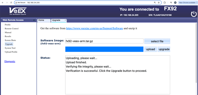 VeEX's FX92 software update via web browser