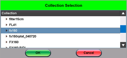Fiberizer Cloud collection selection pop-up menu. Shows the job folders available to download to the OTDR test set.