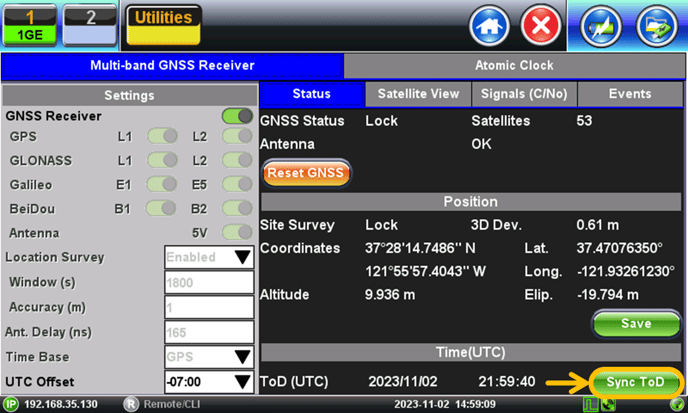 GNSS configuration and status screen, highlighting the Sync ToD button