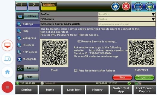 Screenshot of an active EZ-Remote session on a mobile web browser, with the menu expanded.