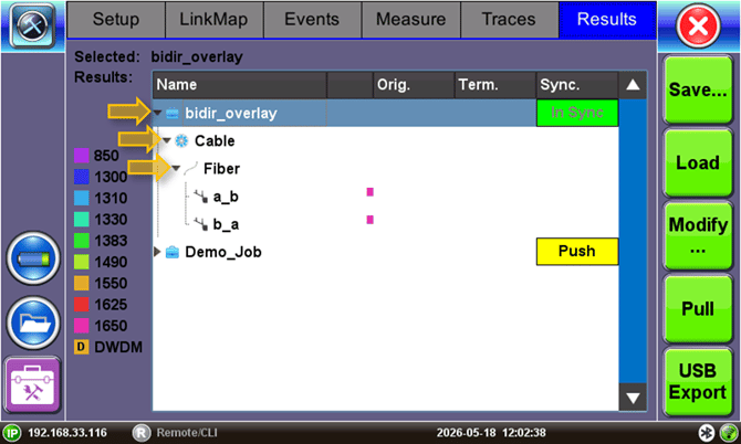FX150+ OTDR results page (or tab) showing the traces for the jobs, cables and fibers