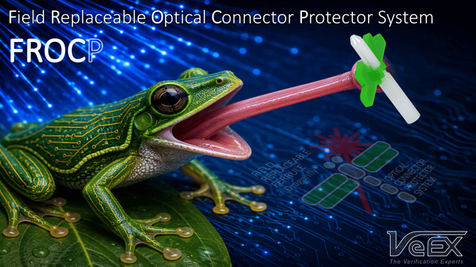 A tongue-in-chick illustration of the "frog" mispronunciation of the acronym for VeEX's Fields Replaceable Optical Connector Protector (FROC), depicting a frog catching a Dragonfly field-replaceable optical ferrule.