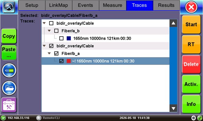 FX150+ OTDR Traces page (tab), showing the selected traces to be displayed.