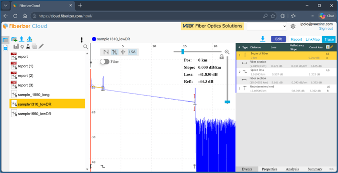 VeEX Fiberizer Cloud service's web browser-based user interface.