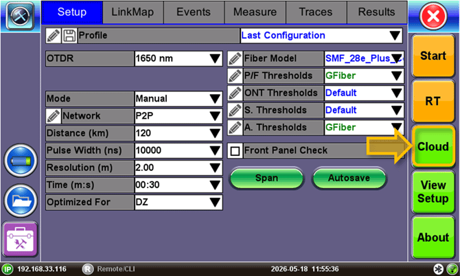 Fiberizer Cloud access button on the FX150+ OTDR Setup page.