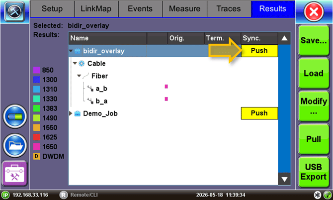 Tapping on the Push button on the OTDR Results page, uploads the OTDR trace files, in the selected job folder, to Fiberizer Cloud,