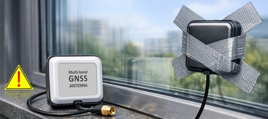 Image of portable GNSS patch antennas placed next to high-efficiency windows with metallic coating, which also reflects/block RF signals.