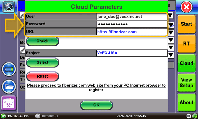 Fiberizer Cloud login page on the FX150+ OTDR.