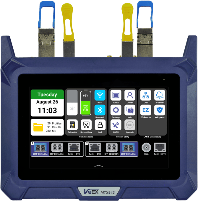 VeEX MTX642 front view, with main System & Settings menu on the screen.