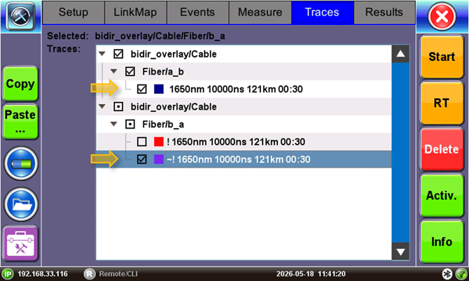 Selecting the OTDR traces for bidirectional view