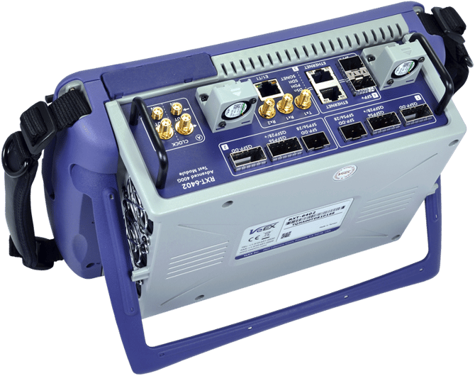 Picture a RXT-1202 test platform, with the RXT-6402 test module, seen from the back, showing the test ports in the connector panel.