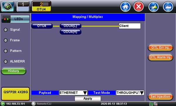 100GE over OUD4/OTU4 mapping configuration, with Ethernet Payload and Throughput test selection.