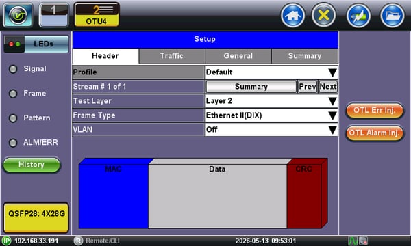 Ethernet payload header configuration page for the 100GE over OTU4 test application.
