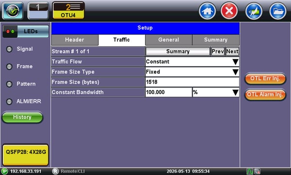 Ethernet payload traffic configuration page for the 100GE over OTU4 test application.