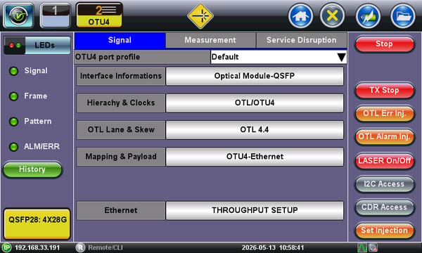 OTU4 layers configuration page, showing the configure OTU4-Ethernet Mode, which fills the ODU4 container with 100G Ethernet traffic. Laser is ON. All LED indicators are green. So, it is ready to start the test.