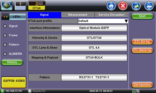 OTU4 layers configuration page, showing the default OTU4-Bulk Mode, which fills the ODU4 container with a pseudorandom test sequence (PRBS).