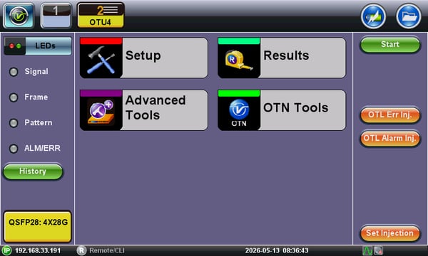 OTU4 test application's Main Menu.