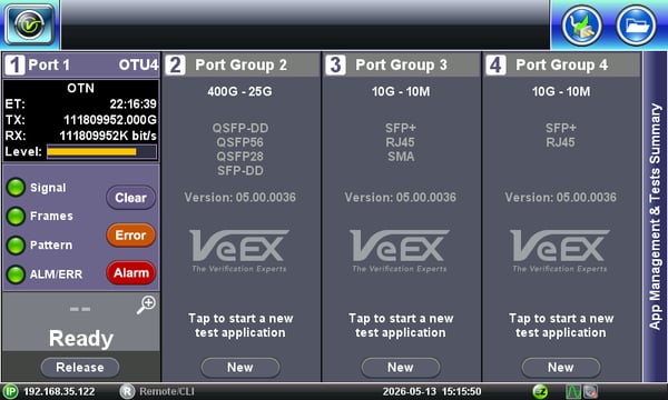 TX340s-100GX initial Test Cards menu, displaying four available test applications.