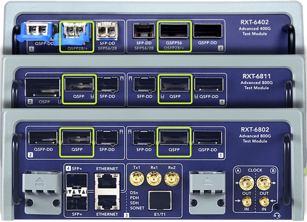 Location of the QSFP28 transceiver slots on RXT-6402, RXT-6811 and RXT-6802 test modules' connector panels.