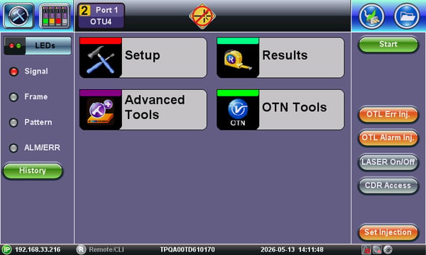 TX300s-100GX OTU4 test application's Main Menu.