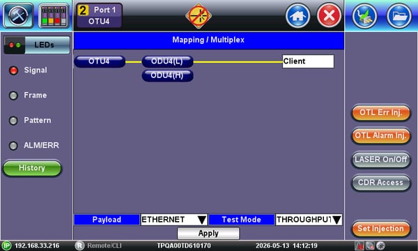 TX300s-100GX 100GE over OUD4/OTU4 mapping configuration, with Ethernet Payload and Throughput test selection.
