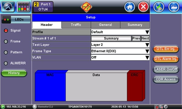 TX300s-100GX Ethernet payload header configuration page for the 100GE over OTU4 test application.