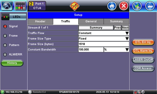 TX300s-100GX Ethernet payload traffic configuration page for the 100GE over OTU4 test application.