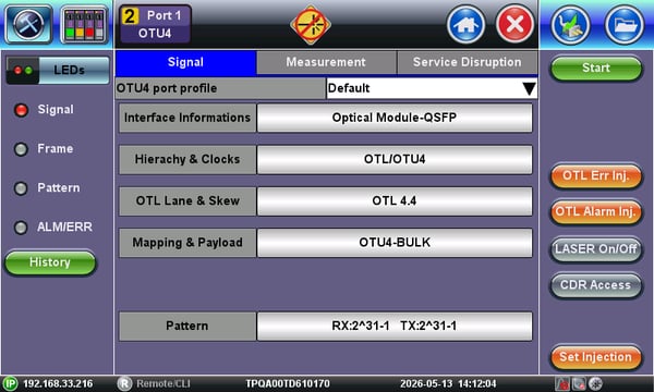 TX300s-100GX's OTU4 layers configuration page, showing the default OTU4-Bulk Mode, which fills the ODU4 container with a pseudorandom test sequence (PRBS).
