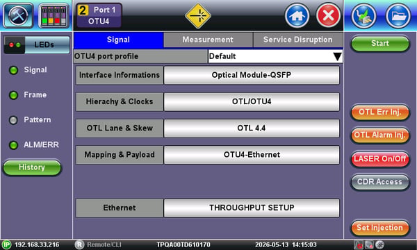 TX300s-100GX OTU4 layers configuration page, showing the configure OTU4-Ethernet Mode, which fills the ODU4 container with 100G Ethernet traffic. Laser is ON. All LED indicators are green. So, it is ready to start the test.