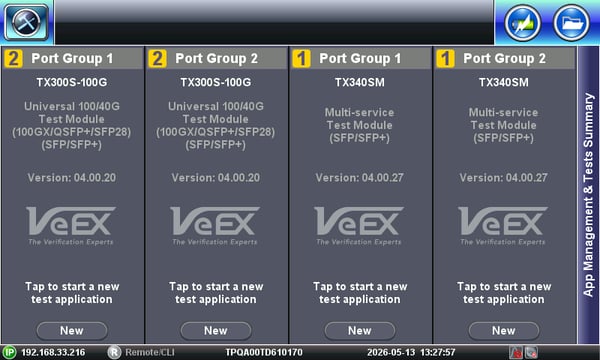 TX340s-100GX initial Test Cards menu, displaying four available test applications.