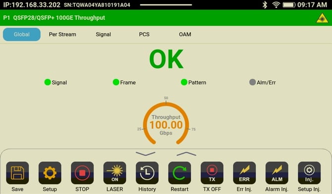 V600 series test set graphical user interface (GUI) colors, as seen on the web browser, when using the EZ-Remote service (over the Internet).