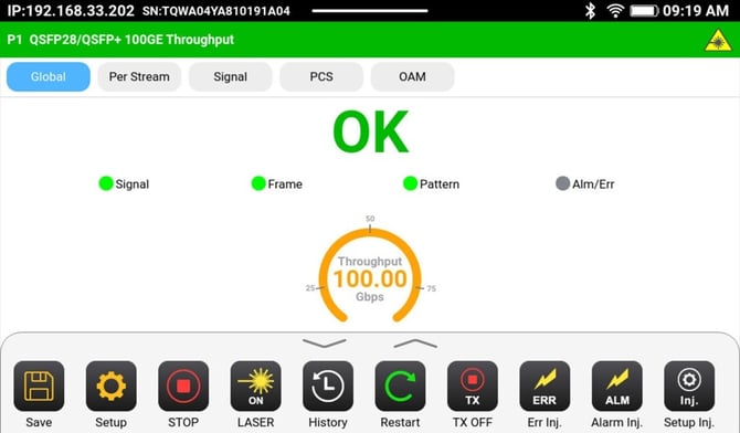 V600 series test set graphical user interface (GUI) colors, as seen on the web browser, when using the Web Remote functionality (over LAN, WLAN or VPN).