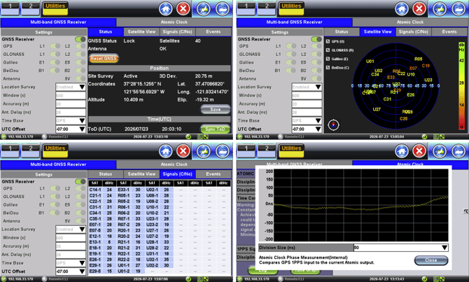 VeEX's comprehensive GNSS and Atomic Clock 1PPS synchronization status information and graphs help assess the accuracy and stability of the instrument's clock reference. (Data shown for poor indoor GNSS reception conditions.)