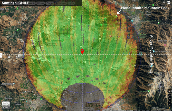 VeEX SkyView GNSS antenna reception quality map over the Santiago Chile site map to correlate poor signal elevations with local topographical features