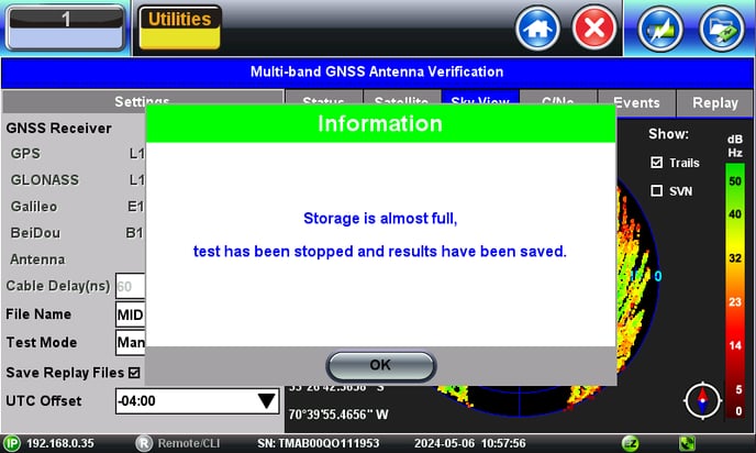 Message displayed when SkyView is stopped because the test set ran out of memory