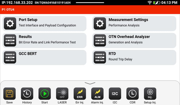 Swipe Up from the bottom to open the test application's actions menu.