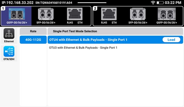MTX642 Test Mode Selection menu for QSFP28/+ OTN applications.
