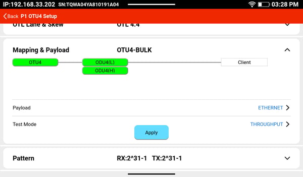 MTX642 OTU4 Test Application menu