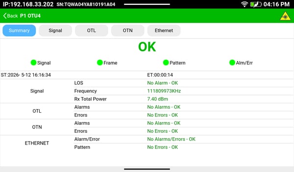 MTX642 100GE over OTU4 Test Results screen.