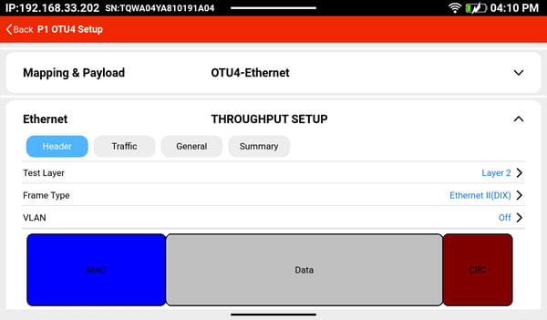 MTX642 Throughput Test configuration screen.