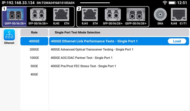 VeEX MTX642 400G test set's Test Application Selection Menu allows user to select the desired Port, Data Rate and Test Application