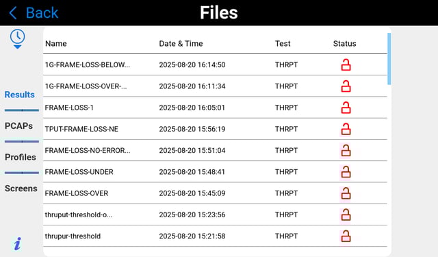 MTX642 File Manager displaying a list of test results stored on the test set