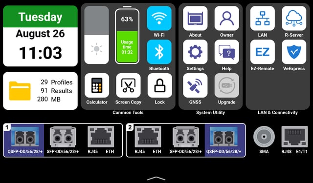 VeEX MTX642 400G test set's Main Platform Menu, also known as System and Utilities