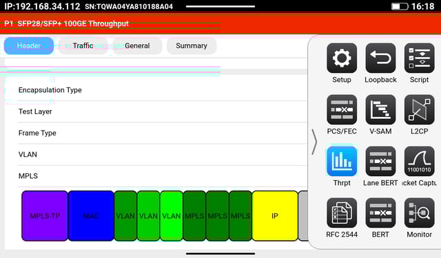 VeEX MTX642 screenshot showing the Test Application slider menu (swipe left from the right edge of the screen)
