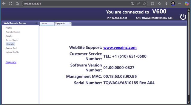 Screenshot of the test set's built-in Web Access page