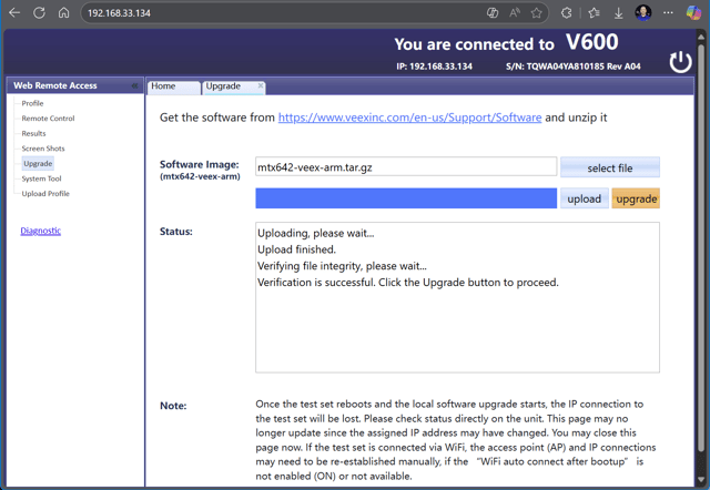 Browser screenshot of the Software Upgrade section of the built-in Web Access page