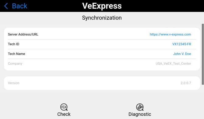 MTX642 and MTX640 VeExpress check page - Provides access to VeEX's VeExpress services directly from the test set.