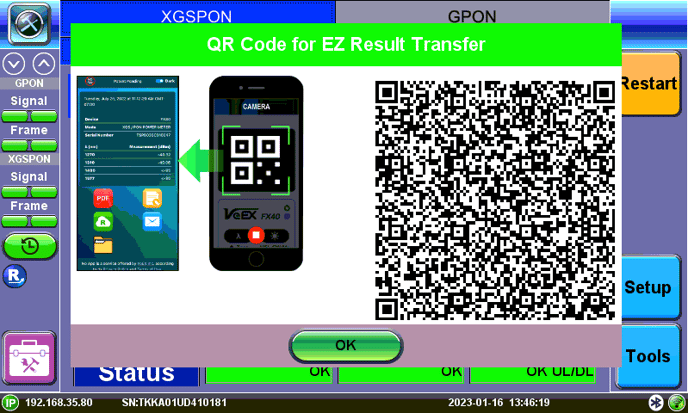 Example of NoApp QR for XGS-PON test results. Scan with a smartphone to see the test report.