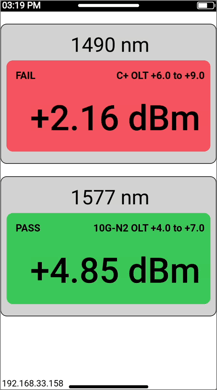 Optical Power Meter results with G-PON failing the C+ power level threshold at the OLT site